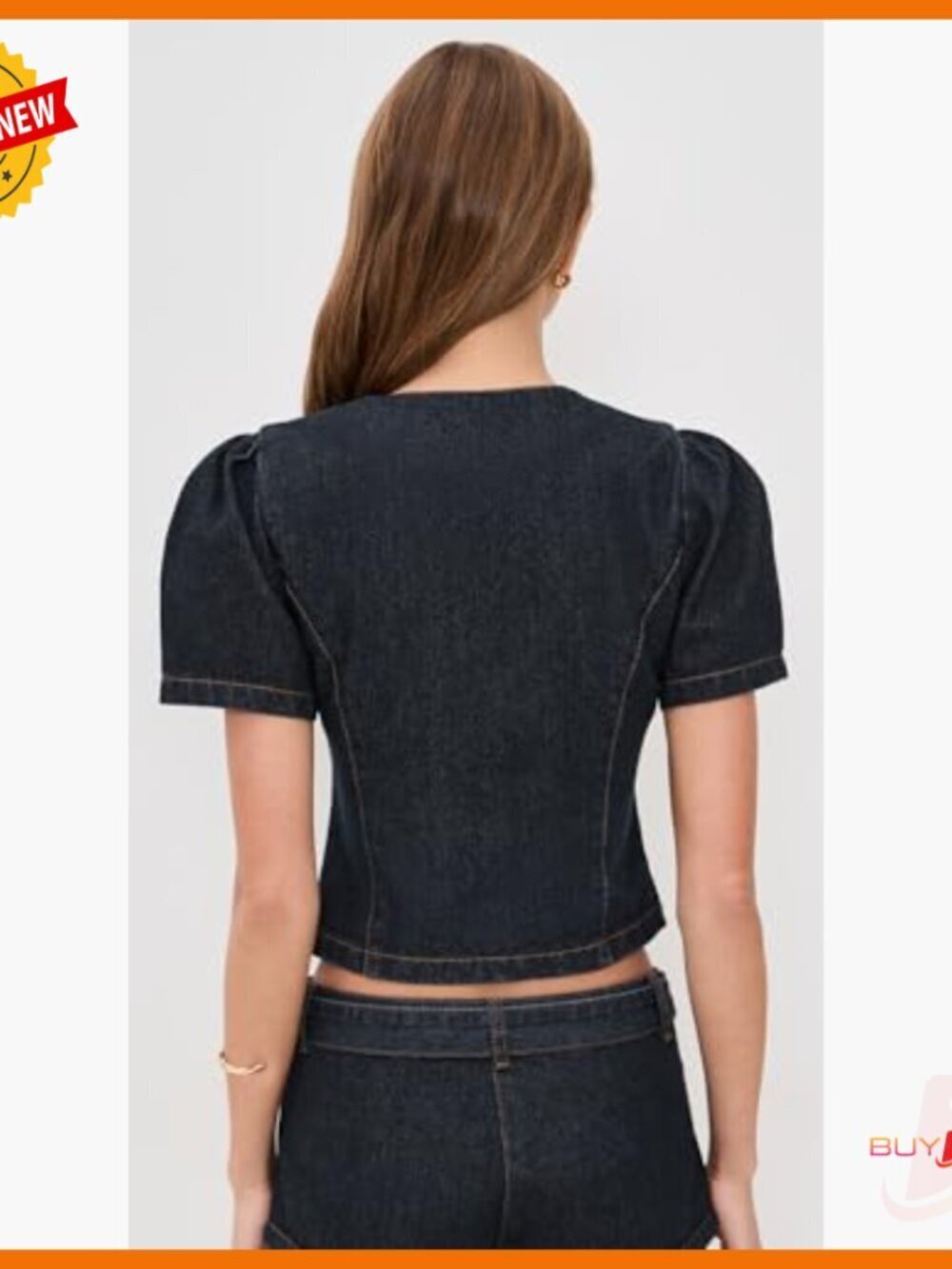 Denim Blouse with Puff Sleeves, Button Placket, Standard Length - Picture 4 of 6